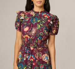 Puff Sleeve Floral Midi Flounce Dress In Burgundy Multi