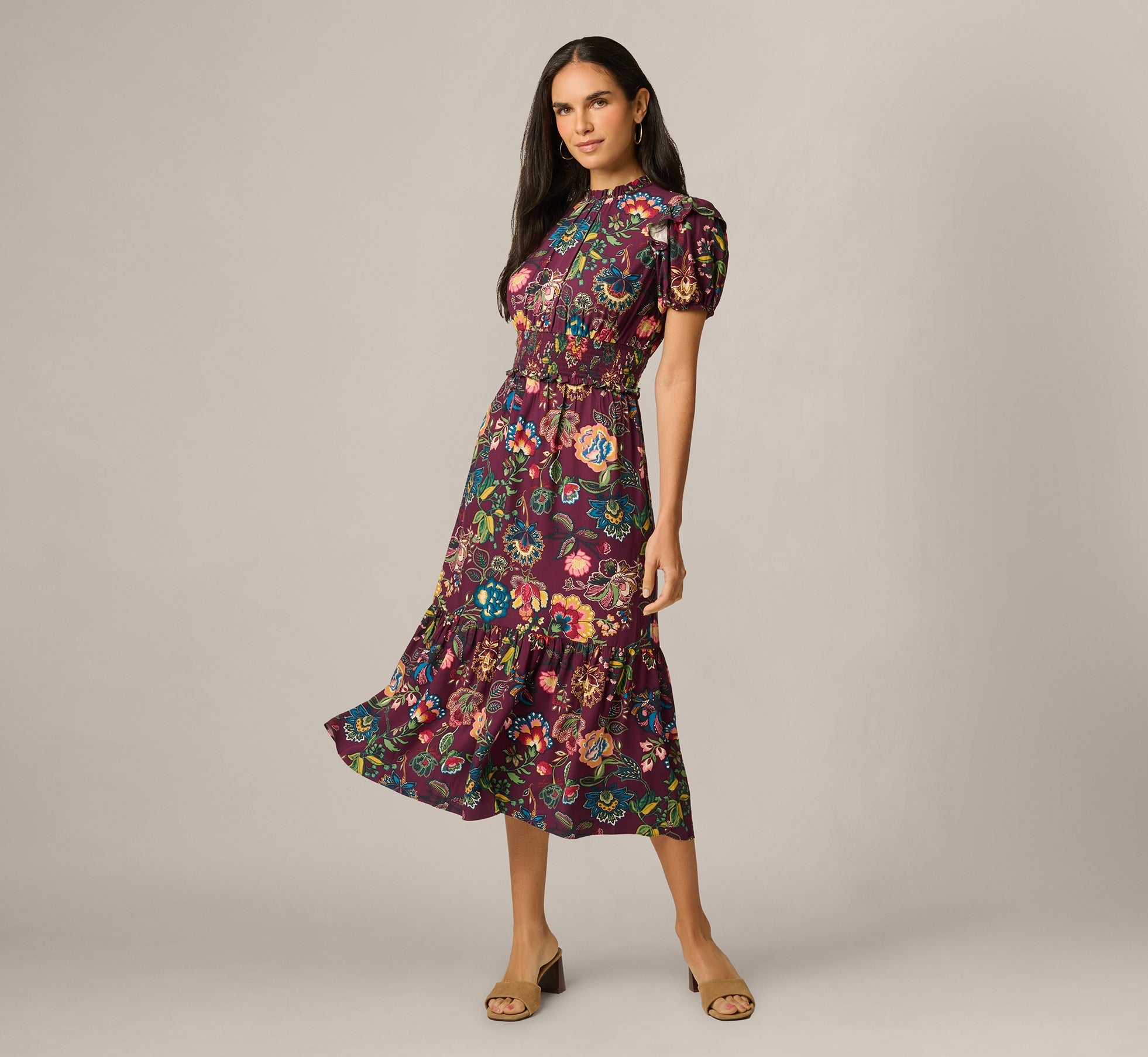 Puff Sleeve Floral Midi Flounce Dress In Burgundy Multi