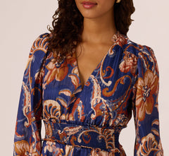 Long Sleeve Paisley Stripe Short Dress In Blue Multi