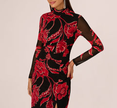 Long Sleeve Floral Mesh Bodycon Midi Dress In Black Multi