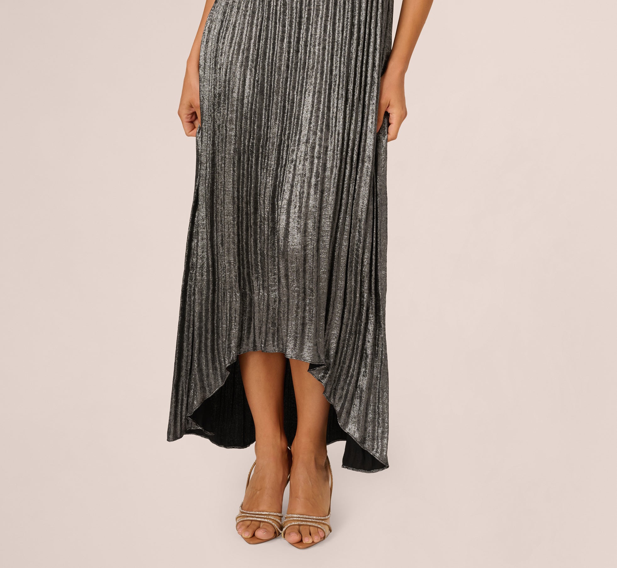 Pleated Metallic High Low Maxi Halter Dress In Gunmetal Black