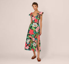 3D Tropical Floral Cotton A Line Midi Dress In Black Multi