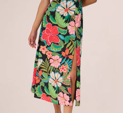 3D Tropical Floral Cotton A Line Midi Dress In Black Multi
