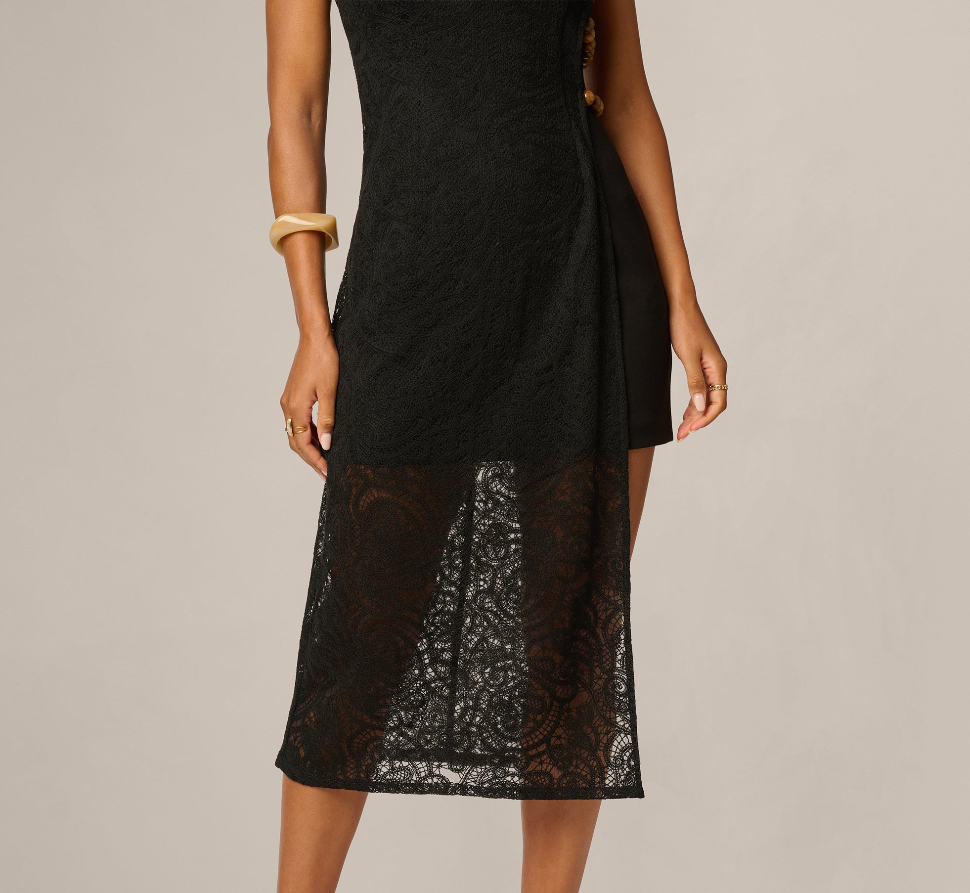 Lace Illusion Asymmetrical Wooden Bead Midi Dress In Black