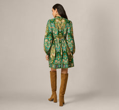 Long Sleeve Keyhole Antique Floral Print Short Dress In Olive Multi