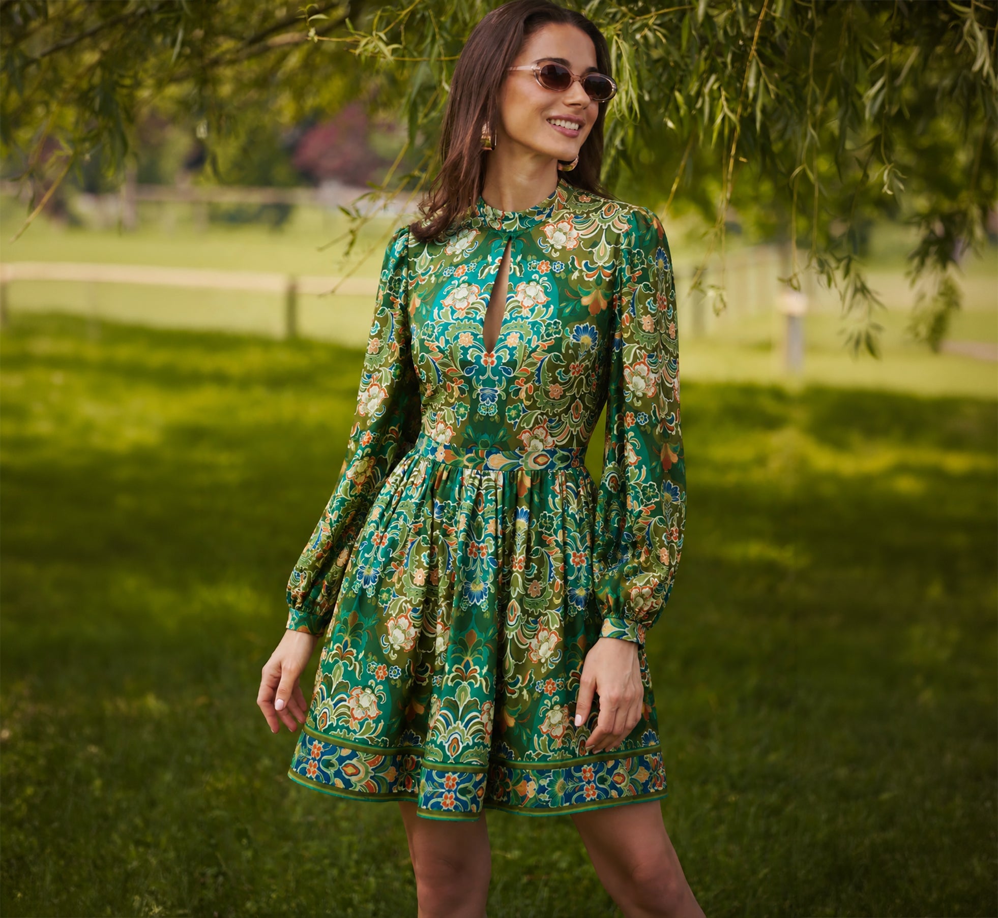Long Sleeve Keyhole Antique Floral Print Short Dress In Olive Multi