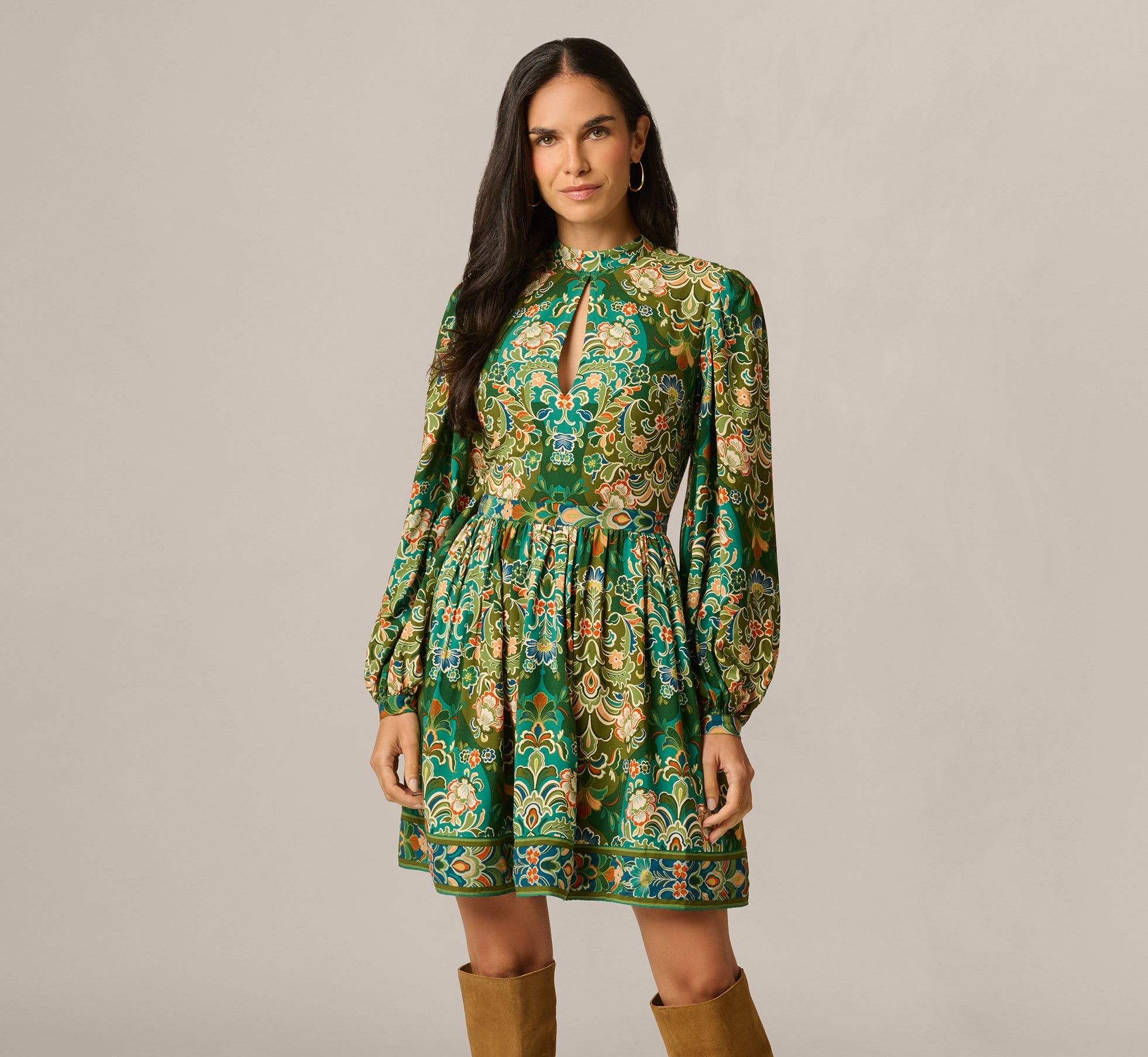 Long Sleeve Keyhole Antique Floral Print Short Dress In Olive Multi