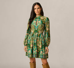 Long Sleeve Keyhole Antique Floral Print Short Dress In Olive Multi