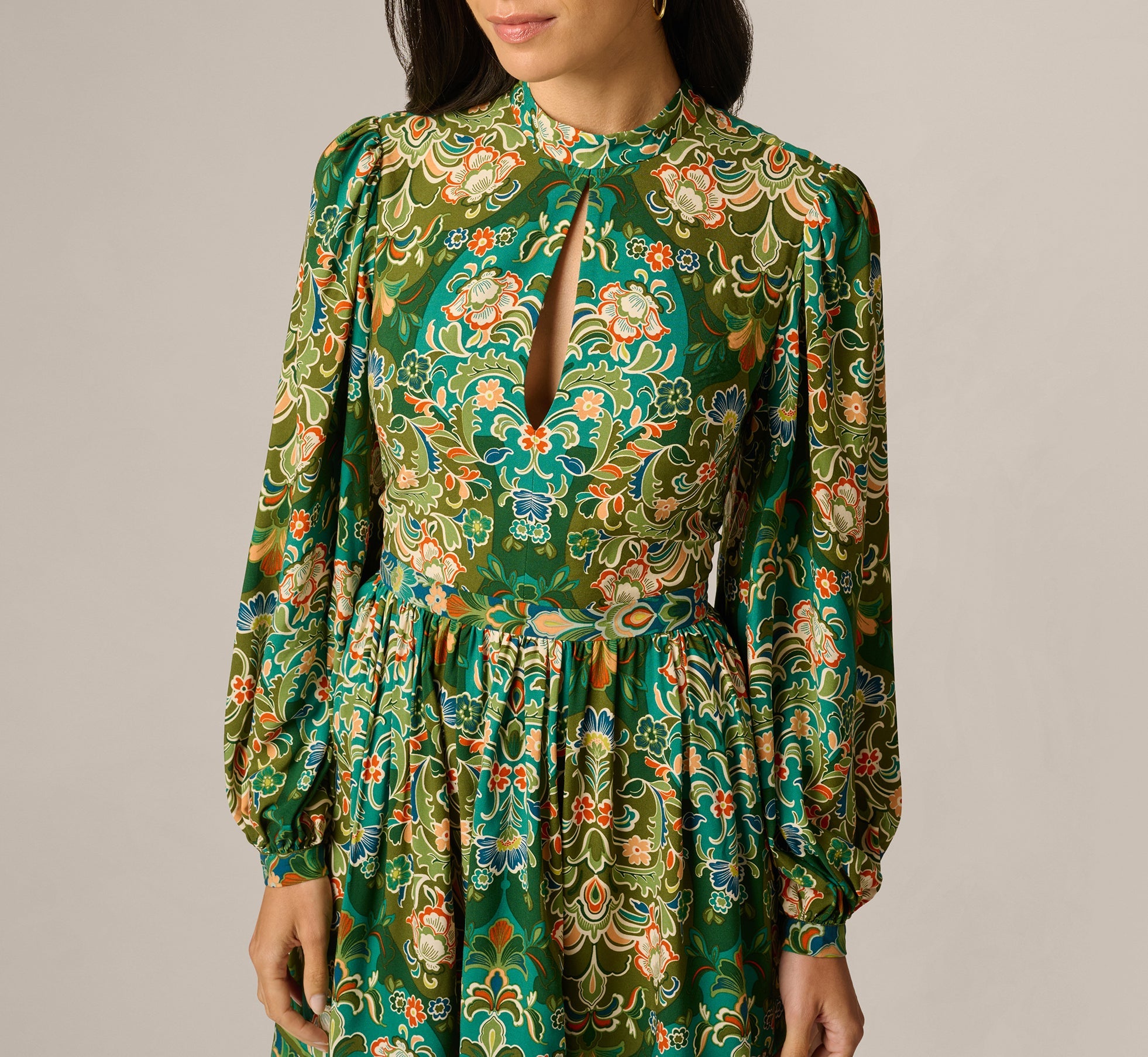 Long Sleeve Keyhole Antique Floral Print Short Dress In Olive Multi