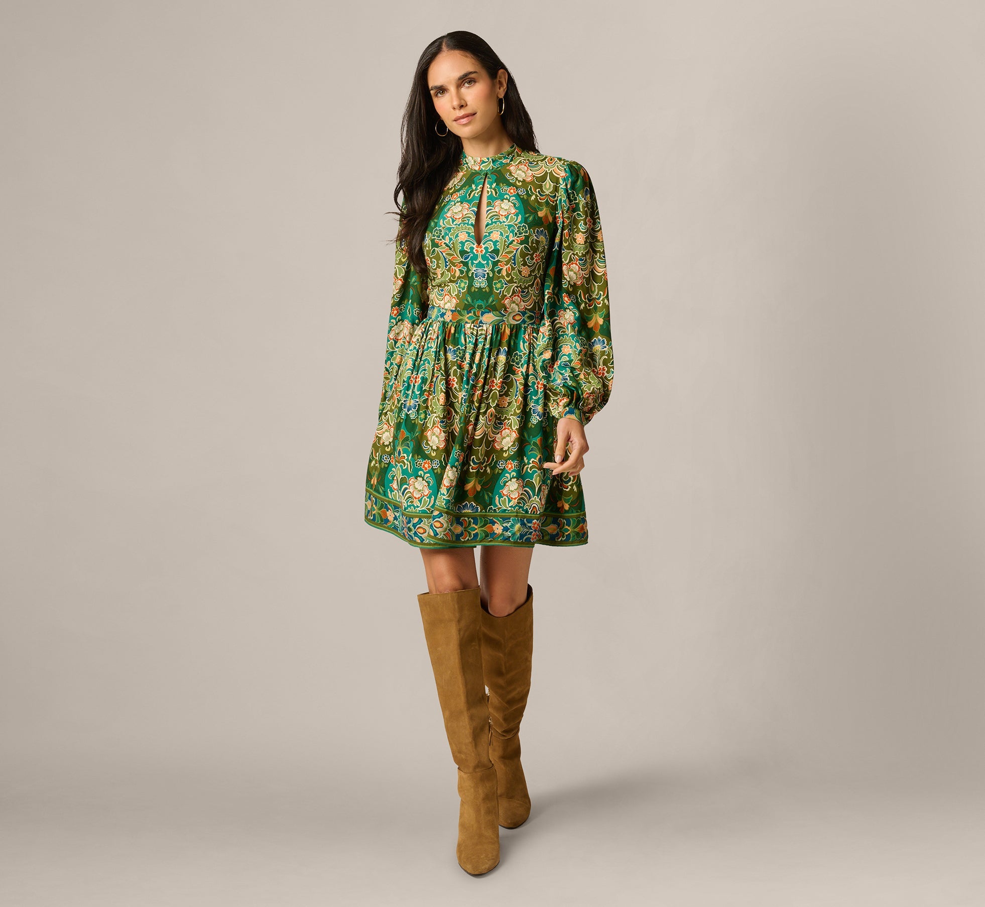 Long Sleeve Keyhole Antique Floral Print Short Dress In Olive Multi