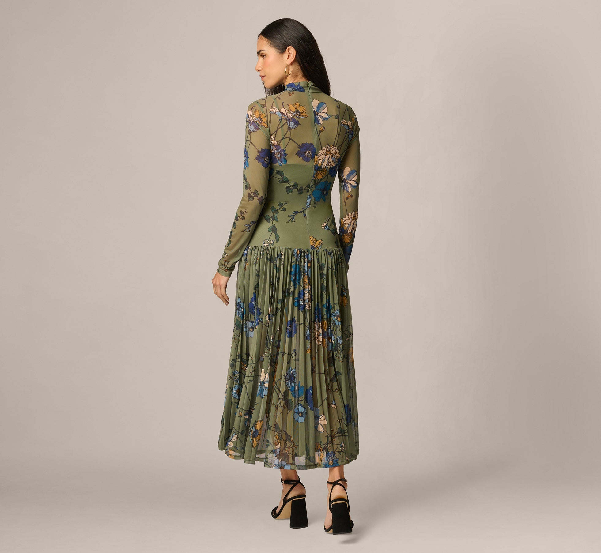 Long Sleeve Floral Stretch Mesh Drop Waist Ankle Length Dress In Olive Multi
