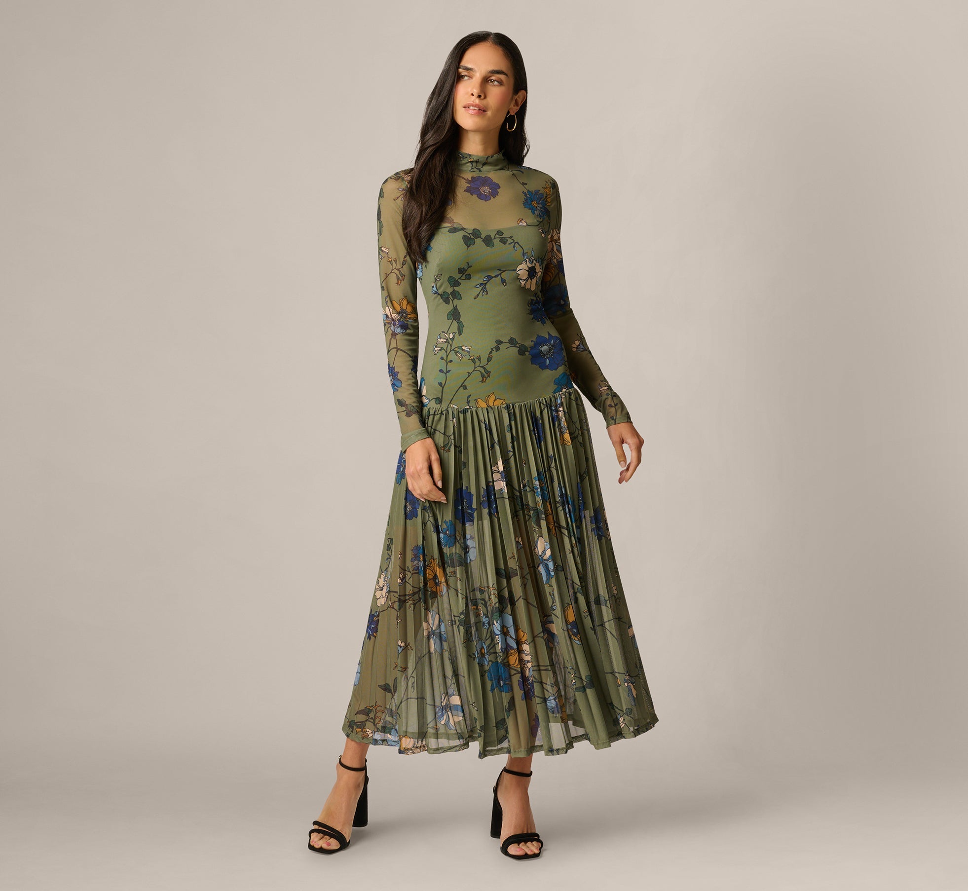 Long Sleeve Floral Stretch Mesh Drop Waist Ankle Length Dress In Olive Multi