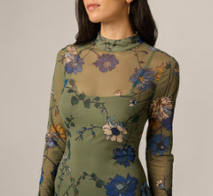 Long Sleeve Floral Stretch Mesh Drop Waist Ankle Length Dress In Olive Multi