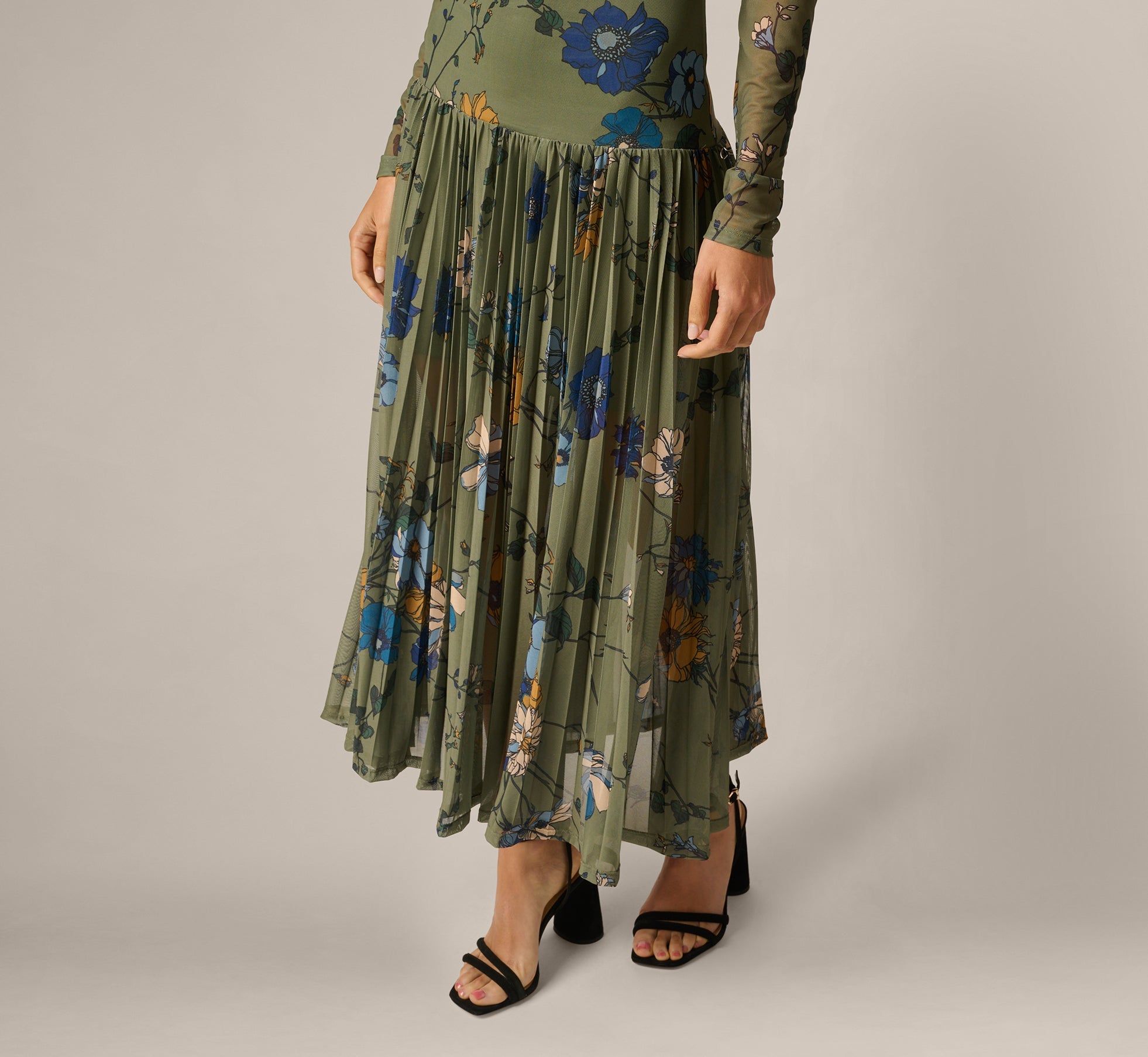 Long Sleeve Floral Stretch Mesh Drop Waist Ankle Length Dress In Olive Multi
