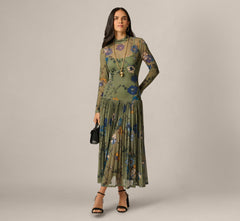Long Sleeve Floral Stretch Mesh Drop Waist Ankle Length Dress In Olive Multi