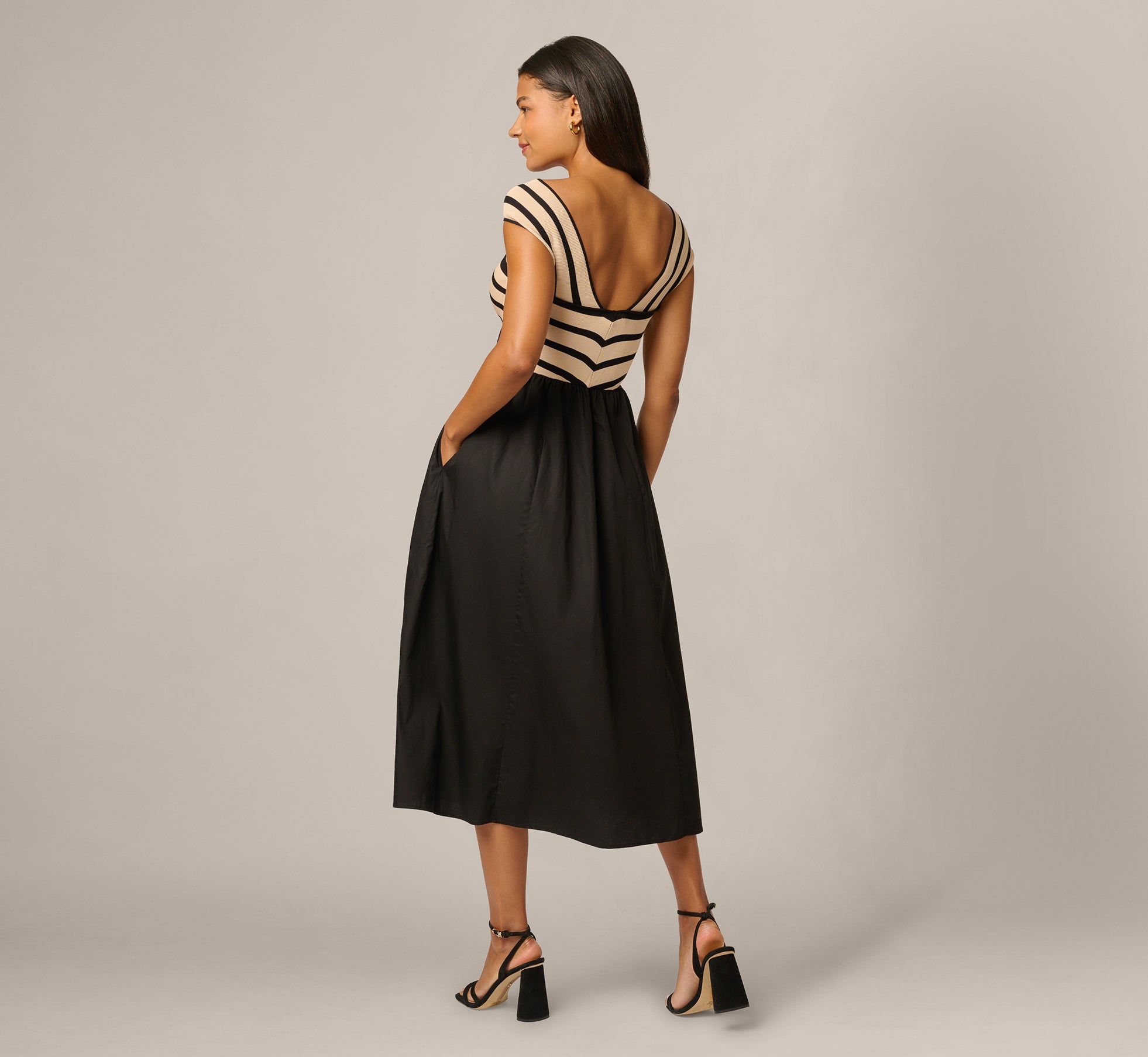 Off Shoulder Chevron Cotton Combo Midi Dress In Black Ecru
