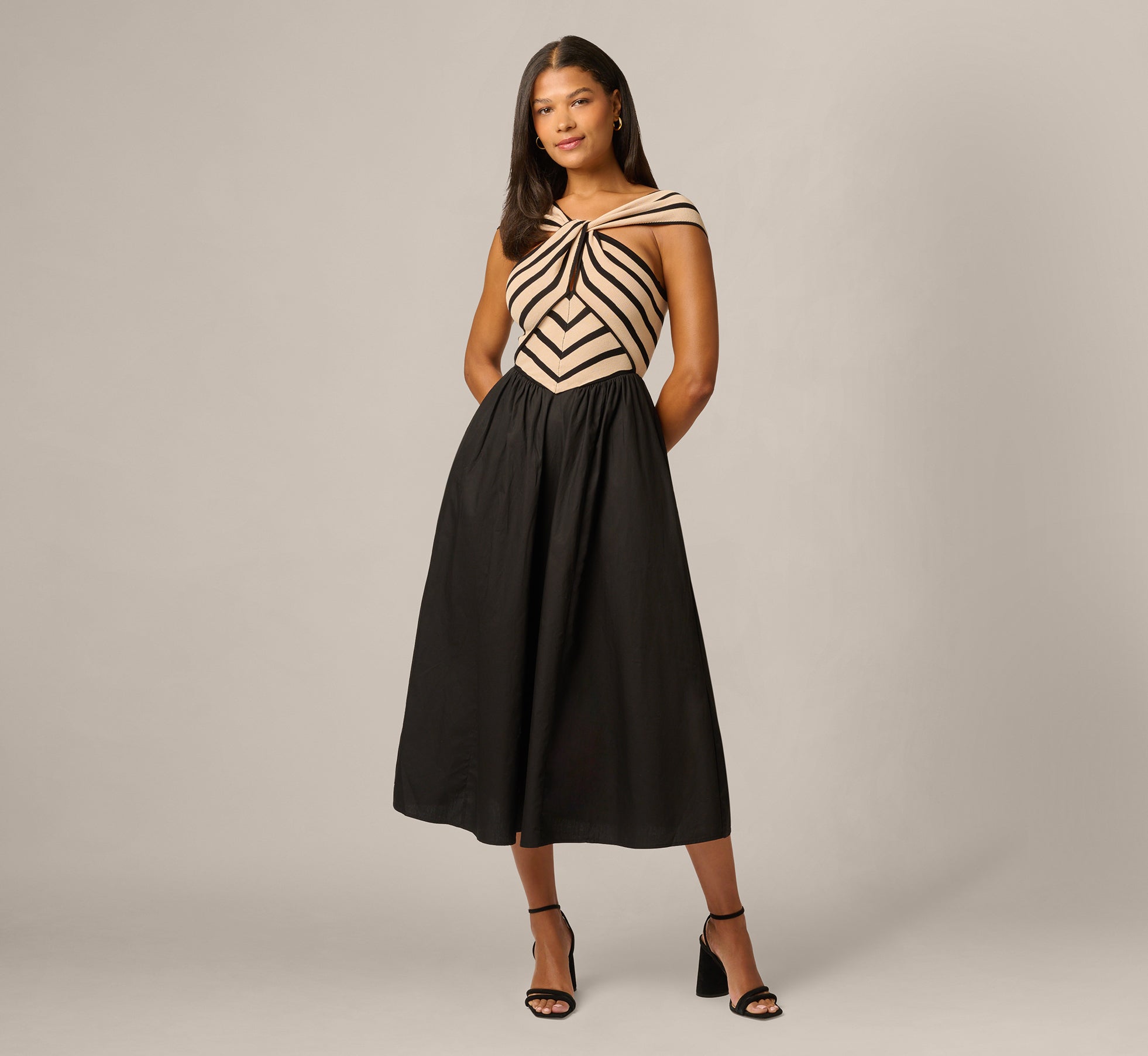 Off Shoulder Chevron Cotton Combo Midi Dress In Black Ecru
