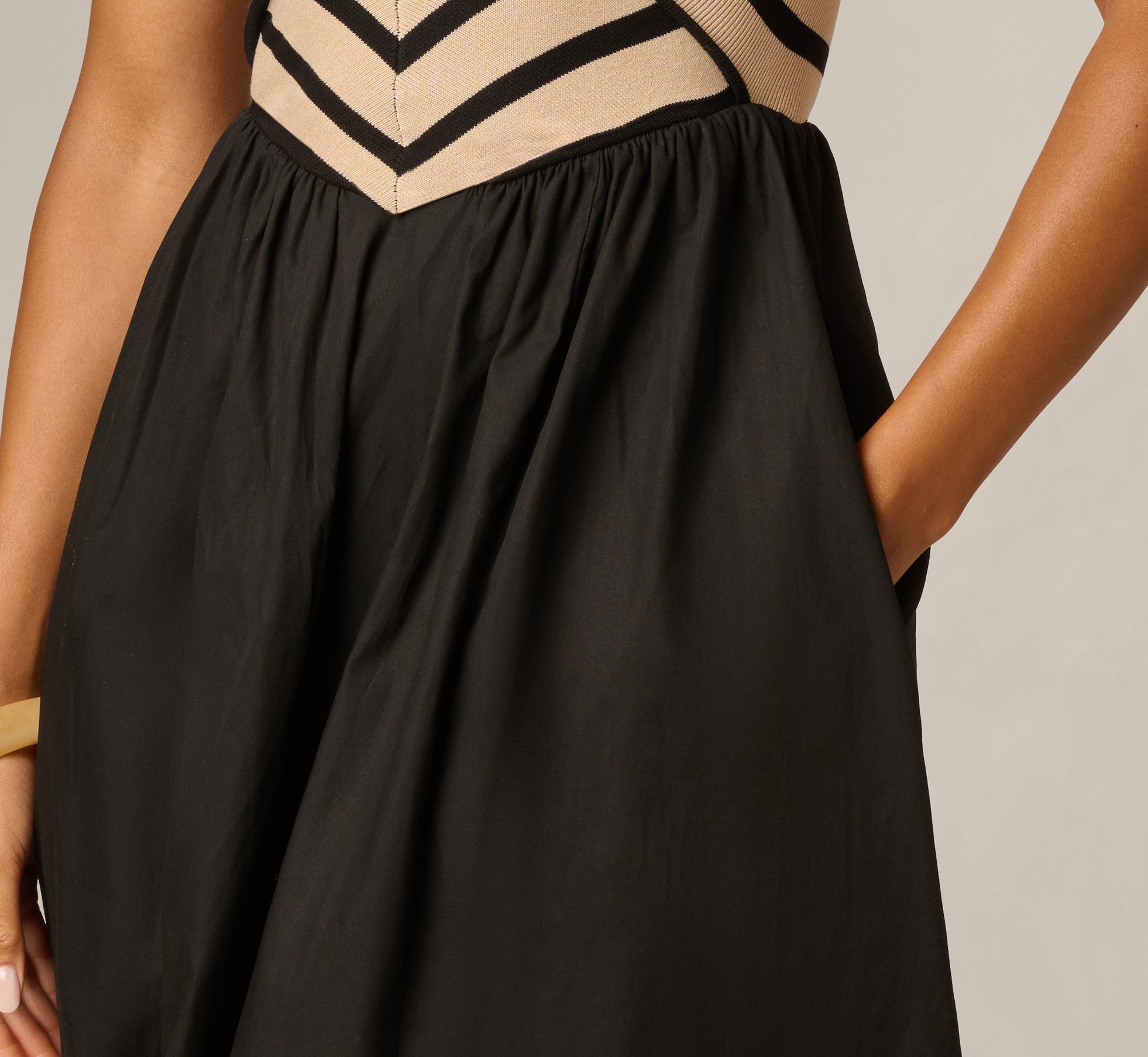 Off Shoulder Chevron Cotton Combo Midi Dress In Black Ecru