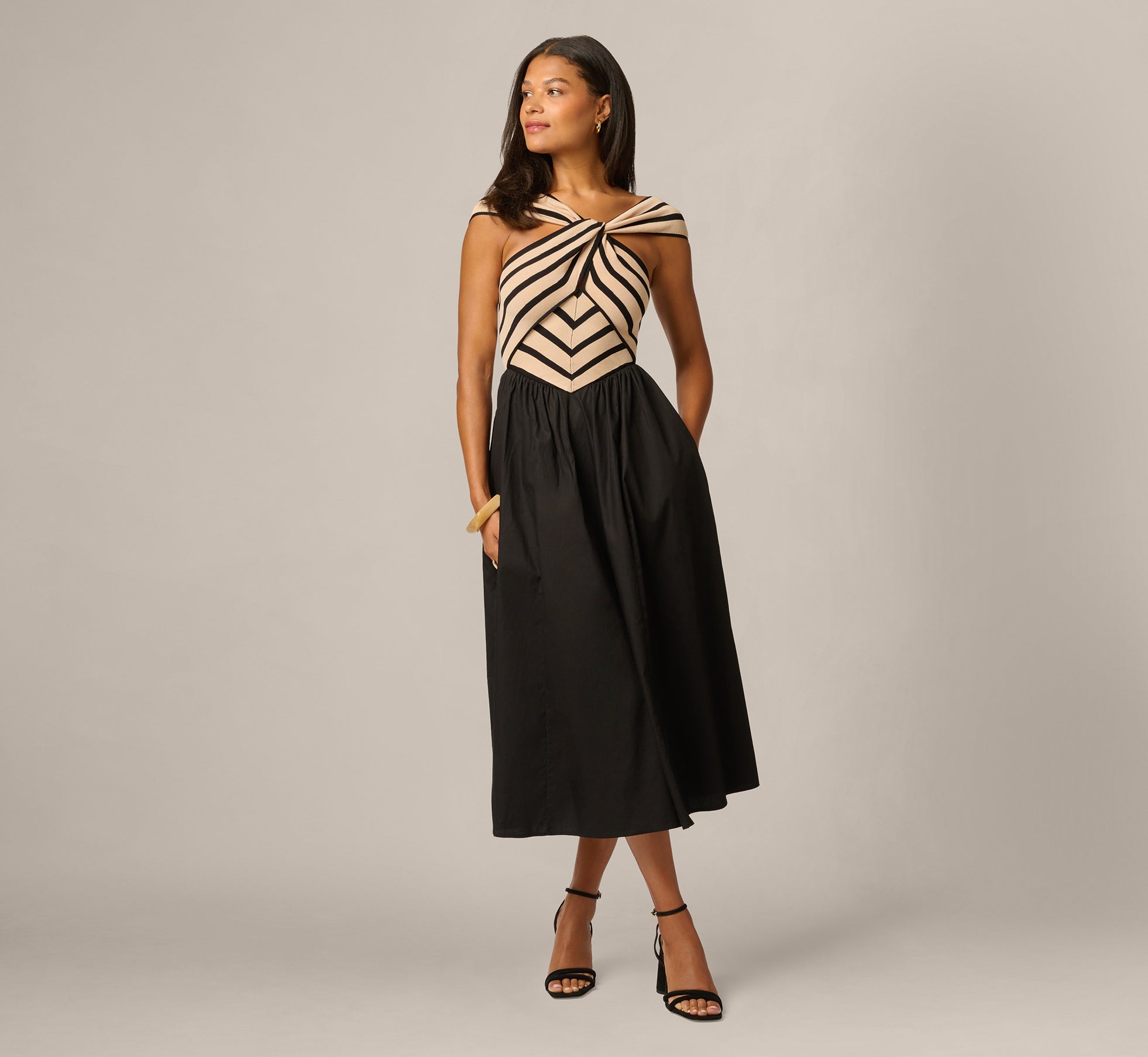Off Shoulder Chevron Cotton Combo Midi Dress In Black Ecru