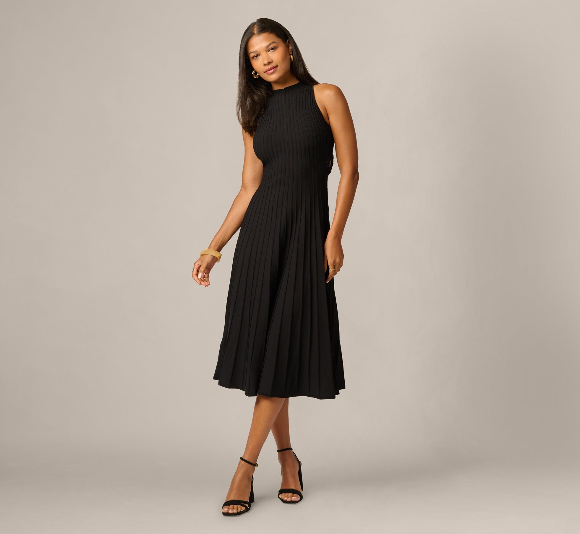Rib Knit Cutout A Line Midi Dress In Black