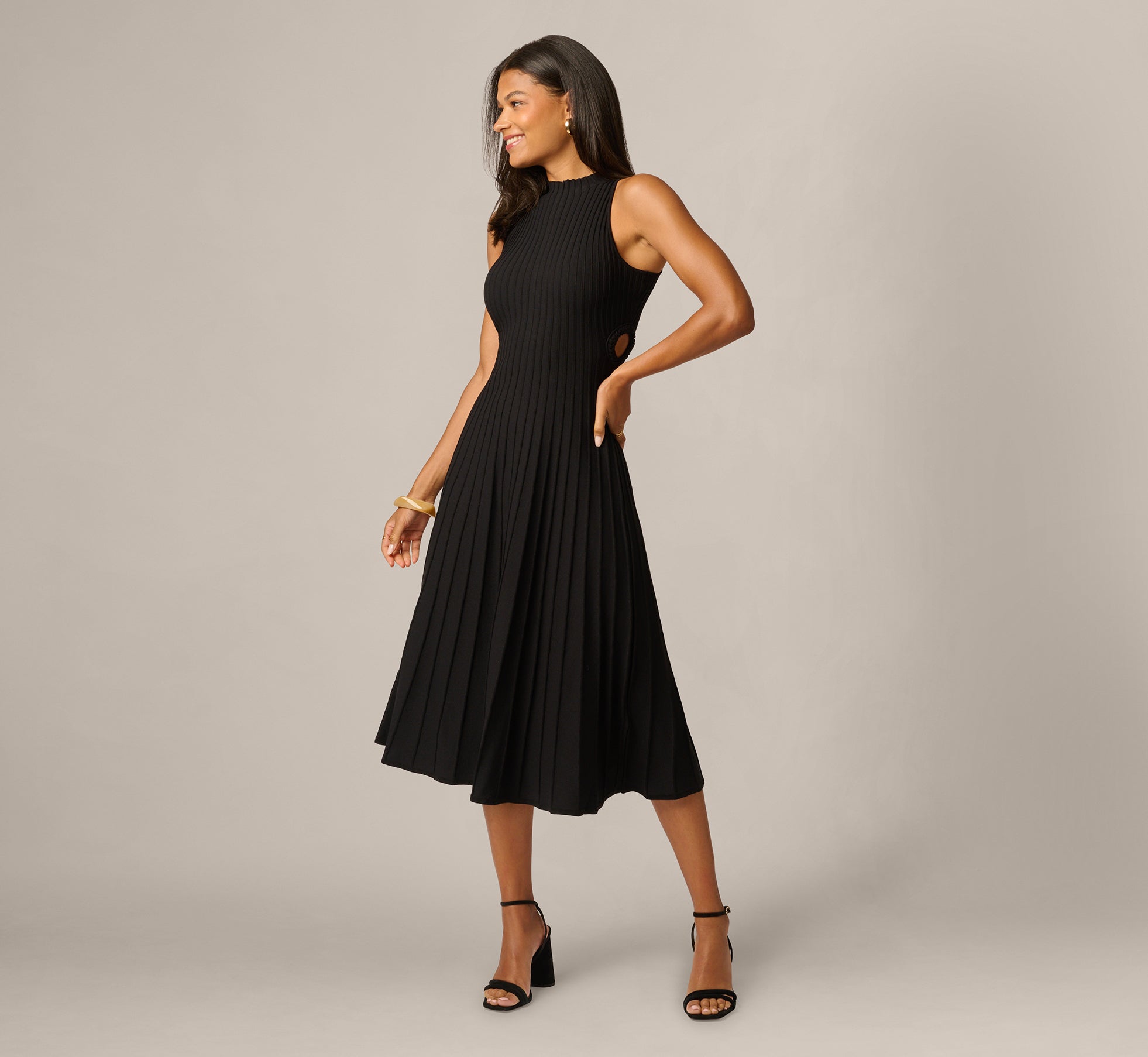 Rib Knit Cutout A Line Midi Dress In Black