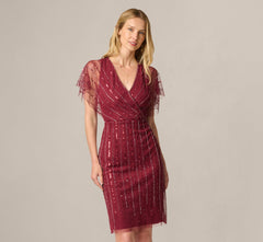 Surplice Bead Mesh Dress In Mahogany