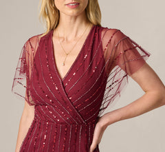 Surplice Bead Mesh Dress In Mahogany