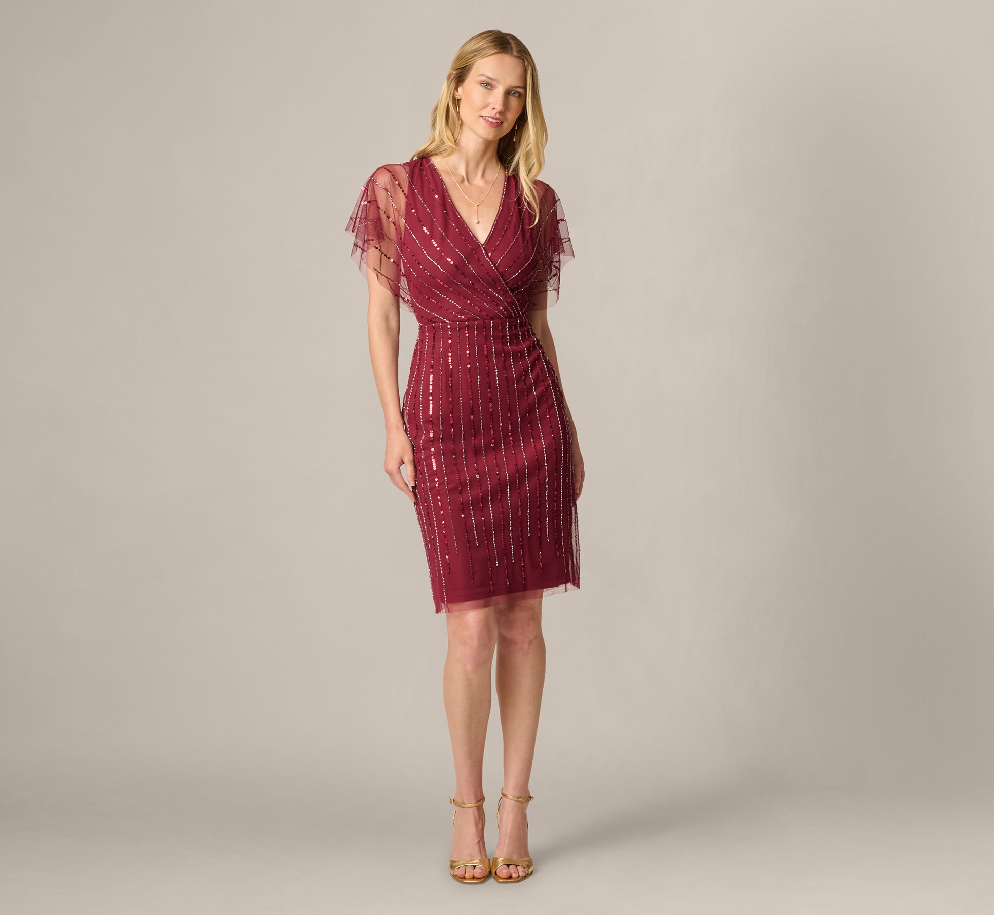 Surplice Bead Mesh Dress In Mahogany