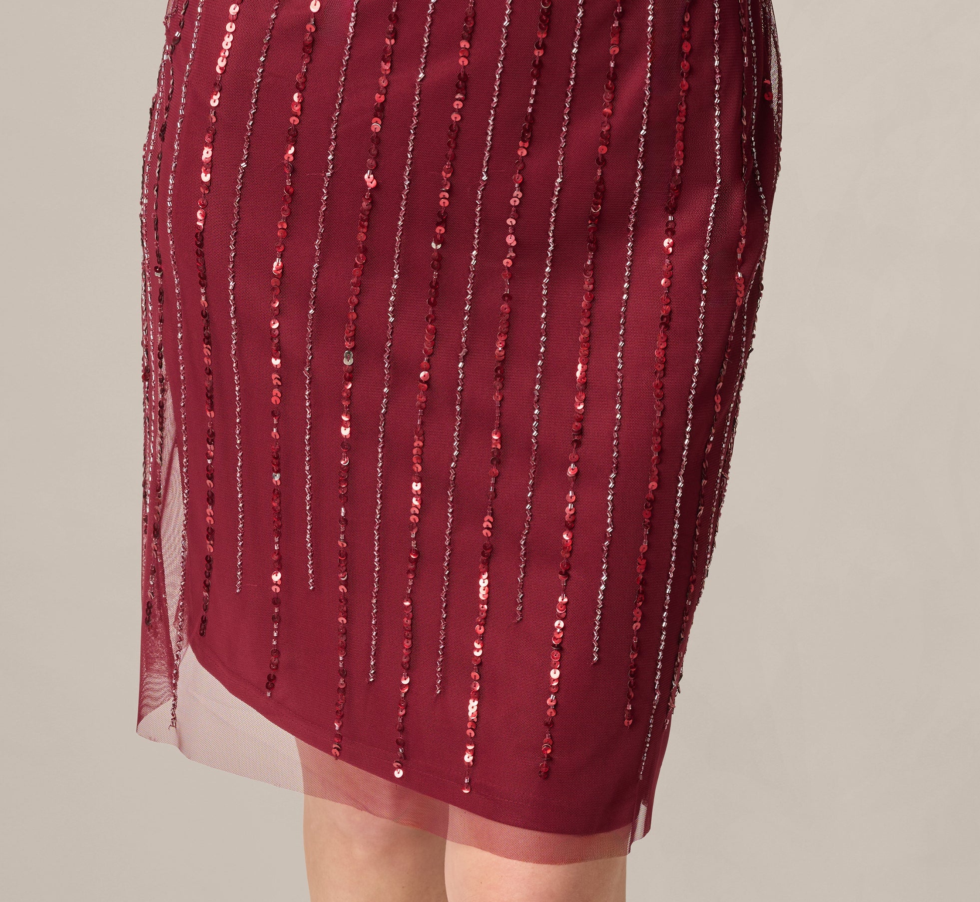 Surplice Bead Mesh Dress In Mahogany