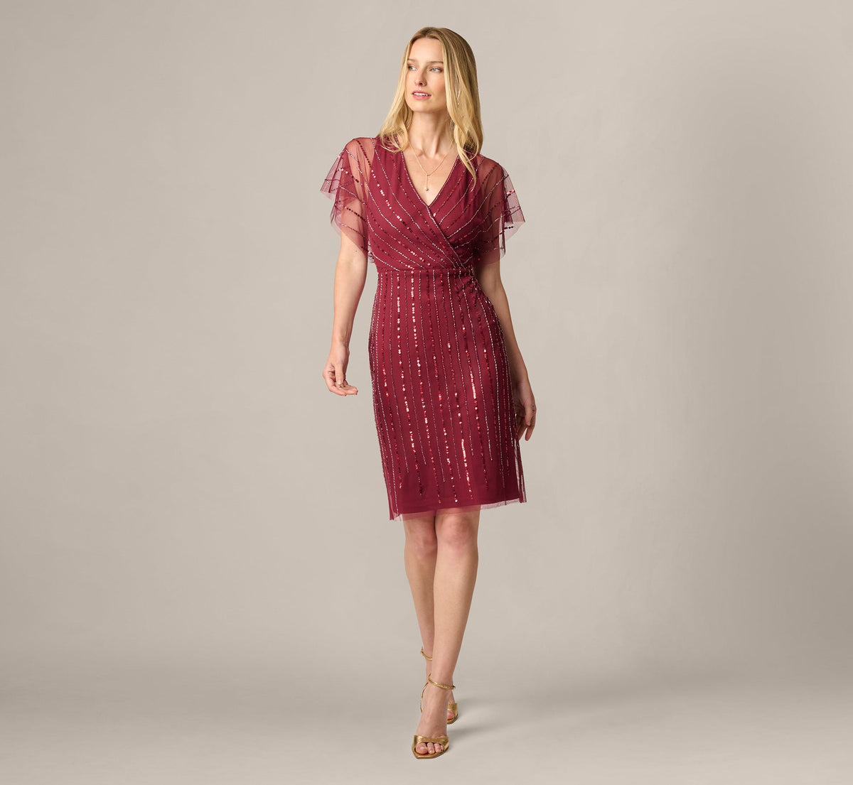Surplice Bead Mesh Dress In Mahogany