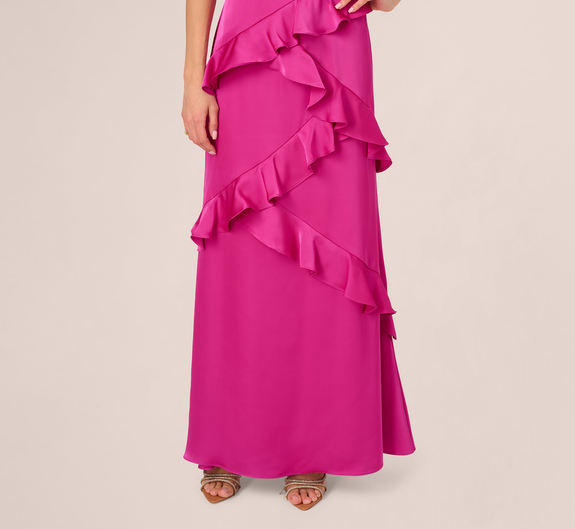 Satin Cascade Ruffle Slip Gown In Electric Passion