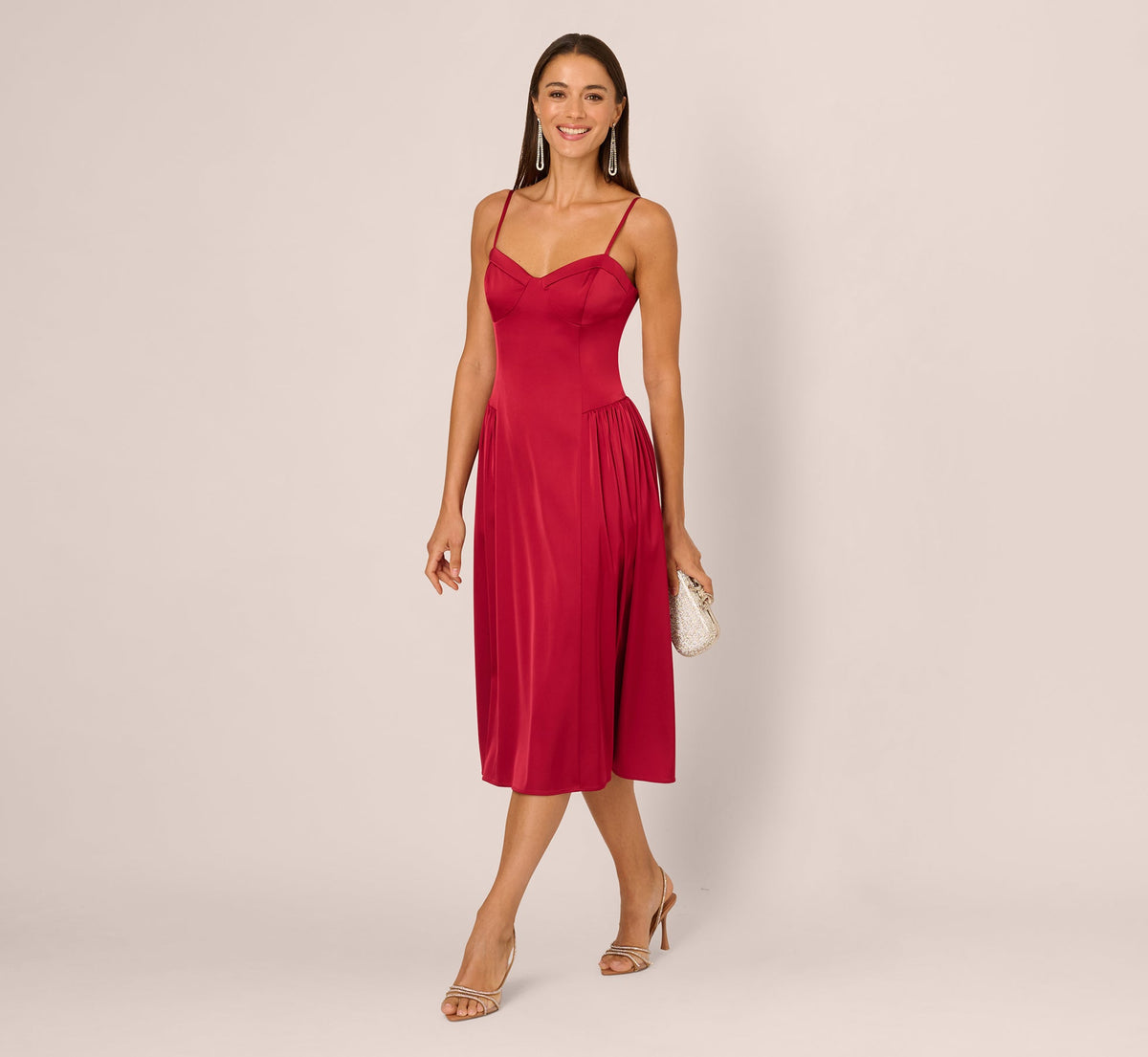 Stretch Satin Corset Back Midi Dress In Matador Red