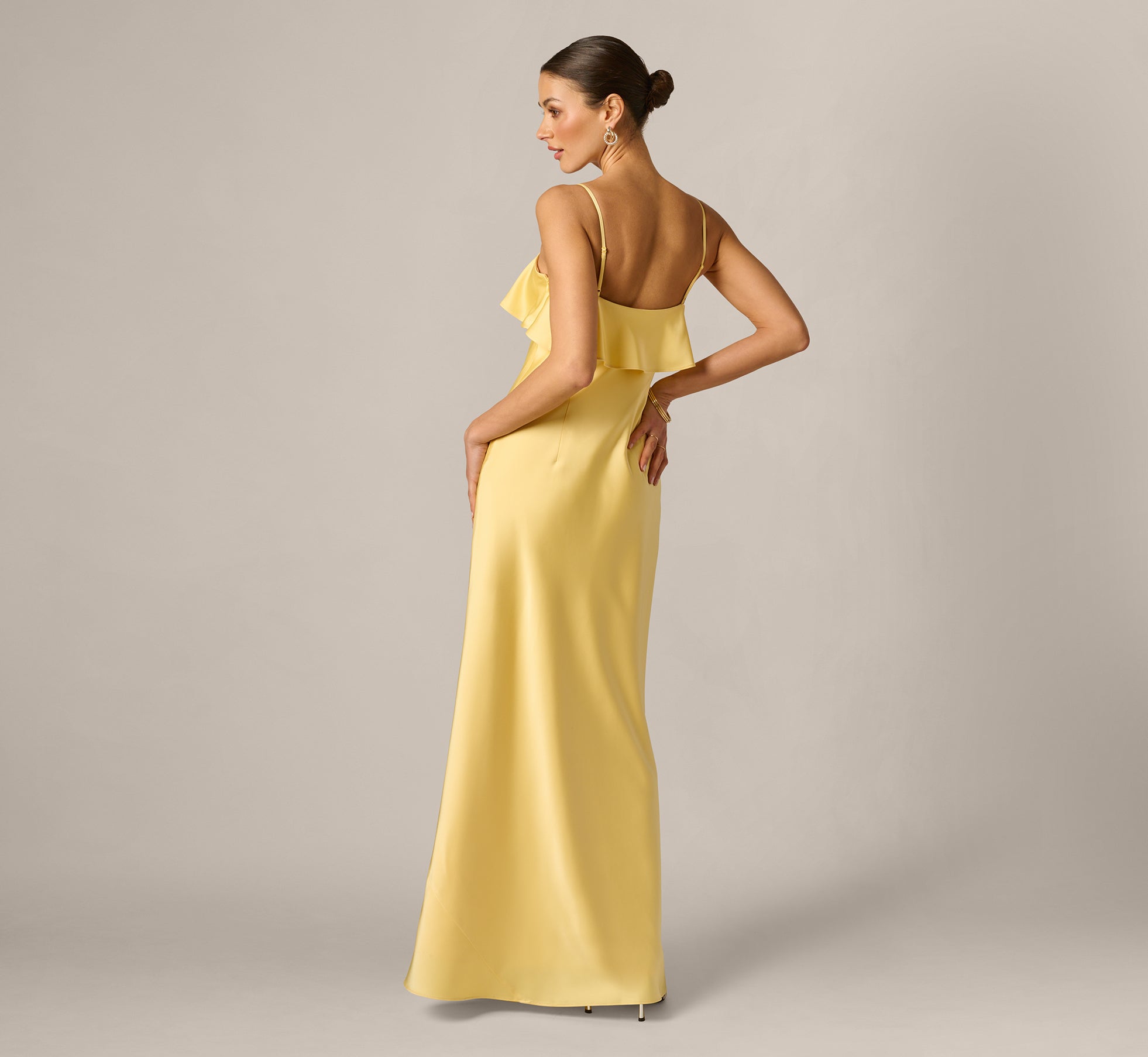 Stretch Satin Flounce Rosette Slip Gown In Butter Yellow