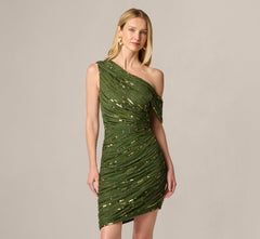 One Shoulder Draped Sequin Beaded Mini Dress In Olive Cypress