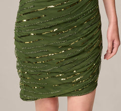One Shoulder Draped Sequin Beaded Mini Dress In Olive Cypress