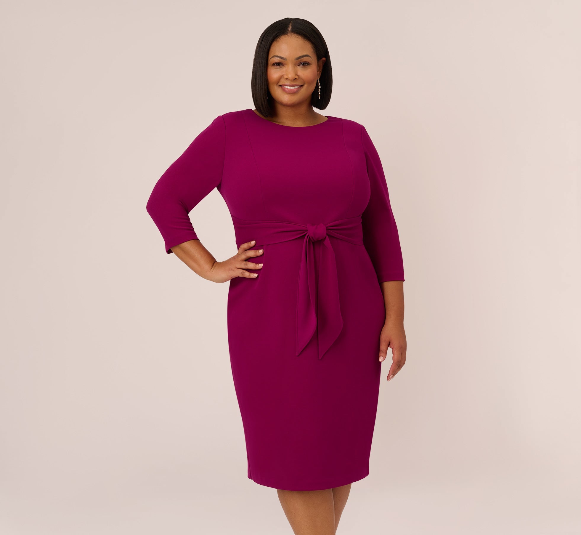 Plus Size Knit Crepe Bow Sheath Dress With Three Quarter Sleeves In Wildberry