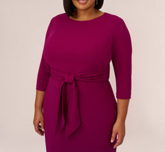 Plus Size Knit Crepe Bow Sheath Dress With Three Quarter Sleeves In Wildberry