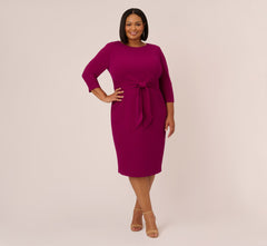 Plus Size Knit Crepe Bow Sheath Dress With Three Quarter Sleeves In Wildberry