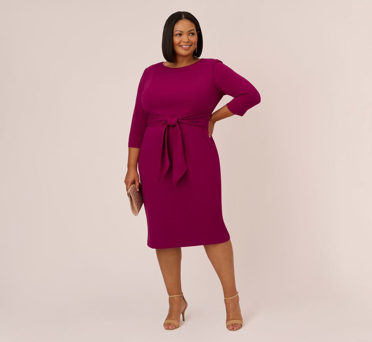 Plus Size Knit Crepe Bow Sheath Dress With Three Quarter Sleeves In Wildberry
