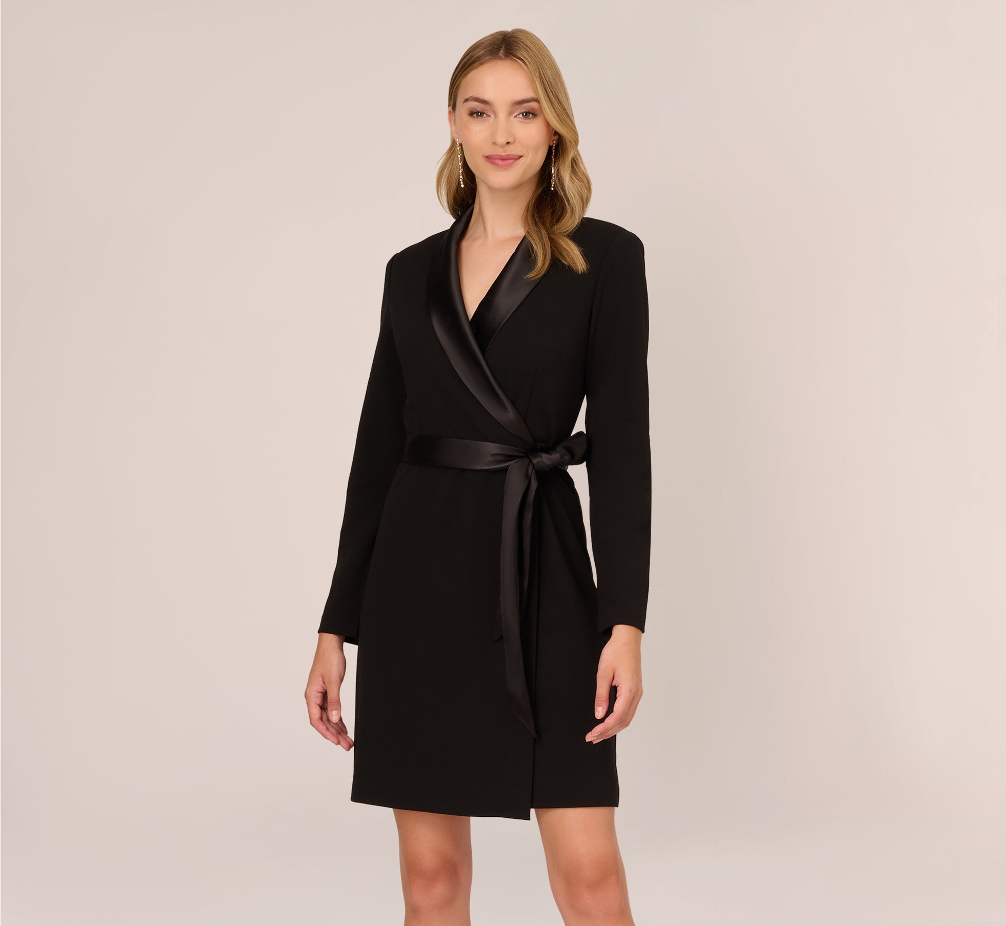 Long Sleeve Crepe Dress With Tuxedo Collar In Black