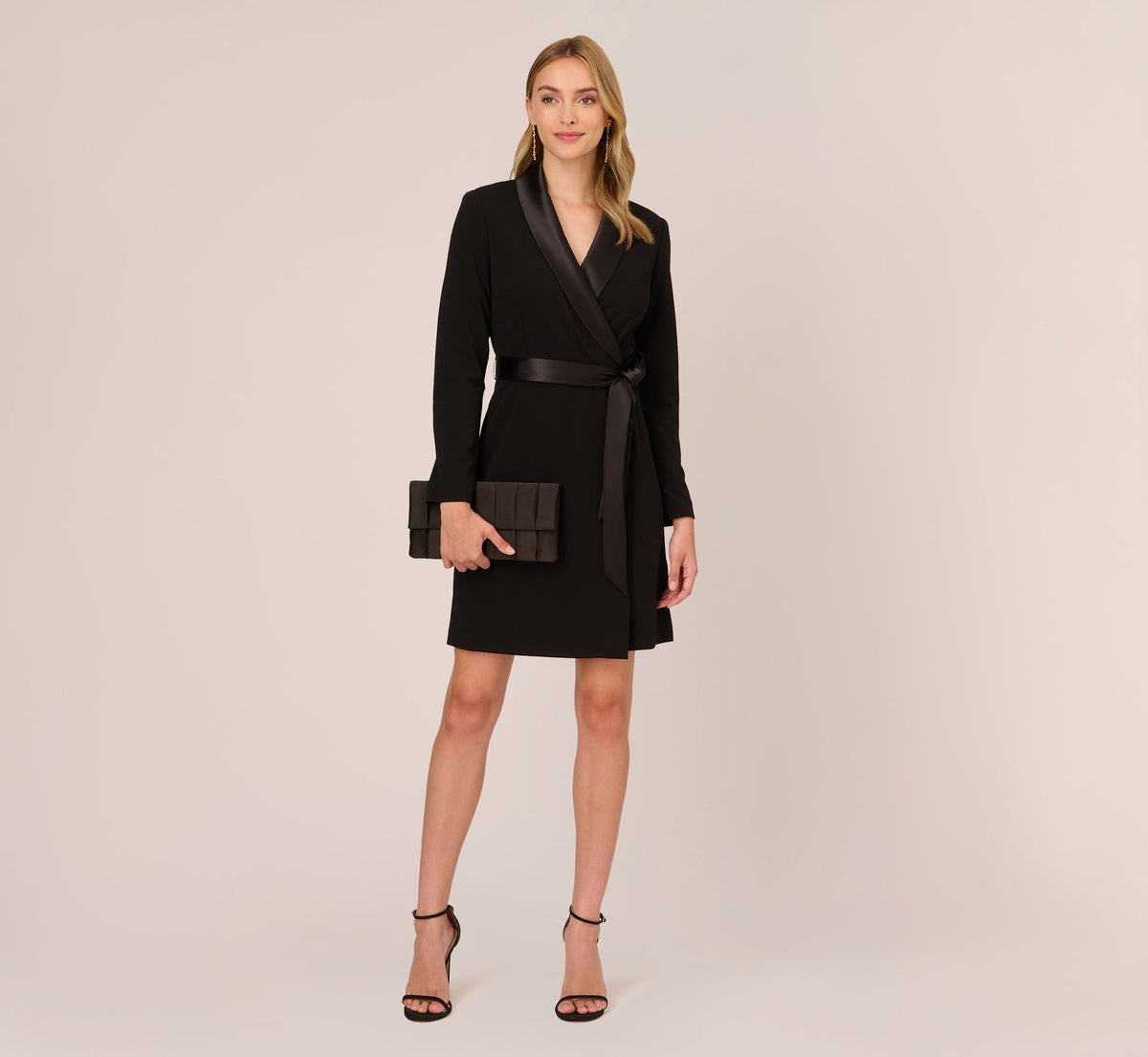 Long Sleeve Crepe Dress With Tuxedo Collar In Black