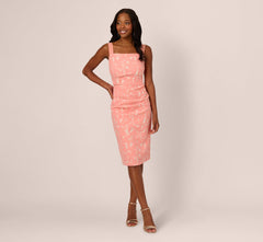 Hibiscus Jacquard Sheath Dress With Tucked Details In Light Coral