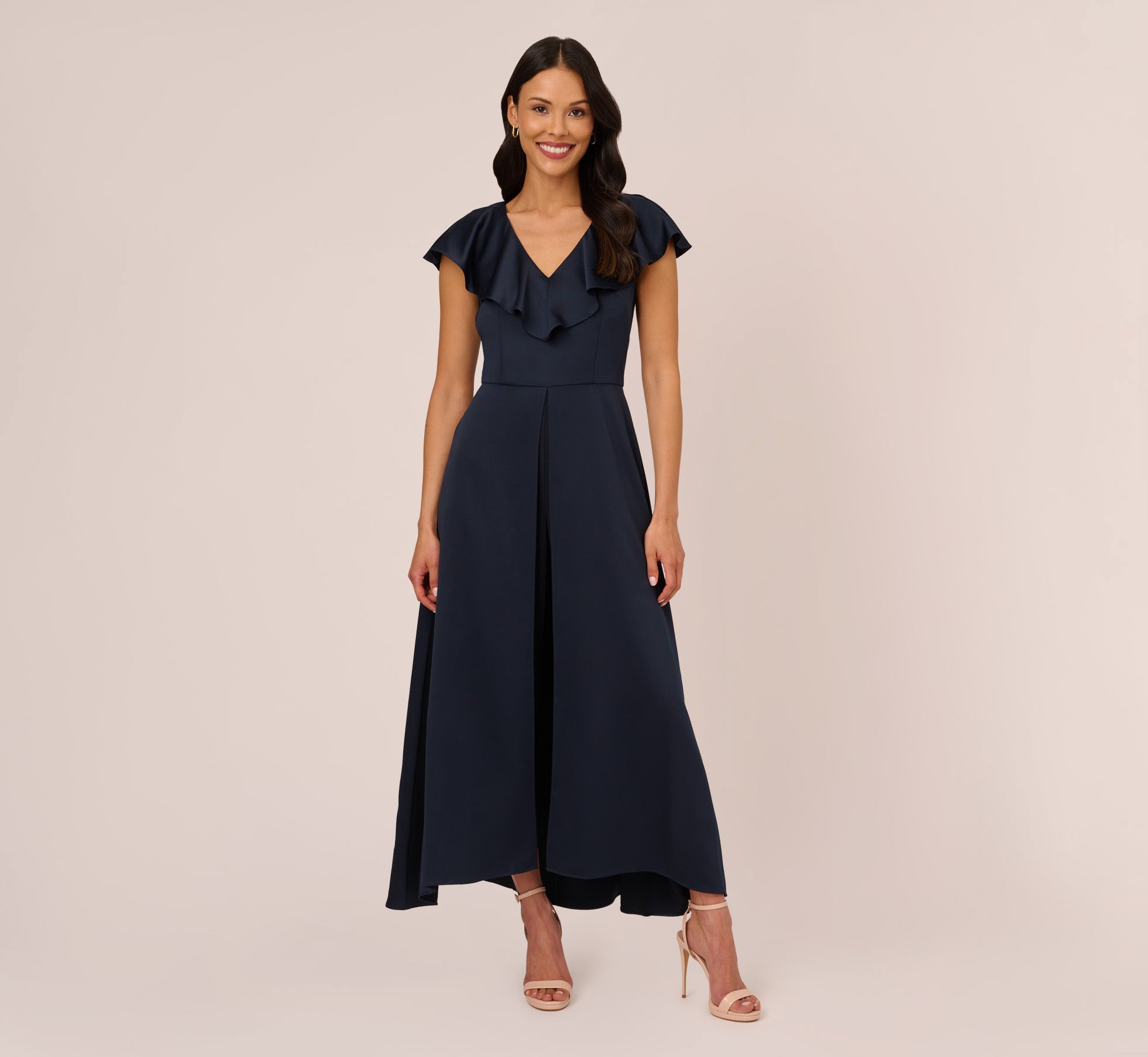 Satin Crepe Ruffled Cropped Jumpsuit In Dark Navy