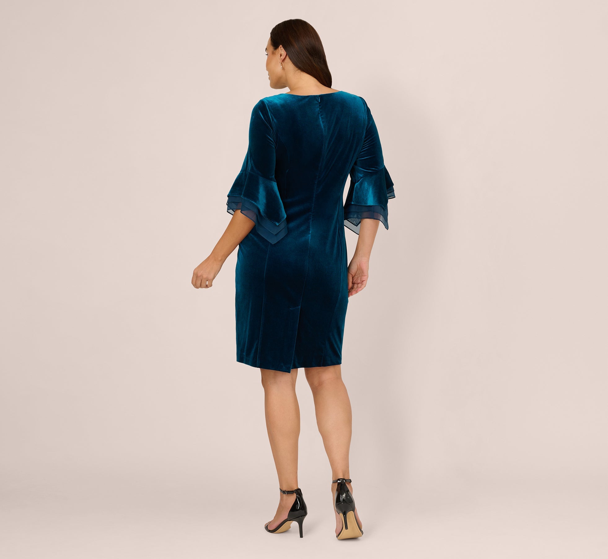 Plus Size Velvet Sheath Dress With Tiered Three Quarter Sleeves In Dark Teal