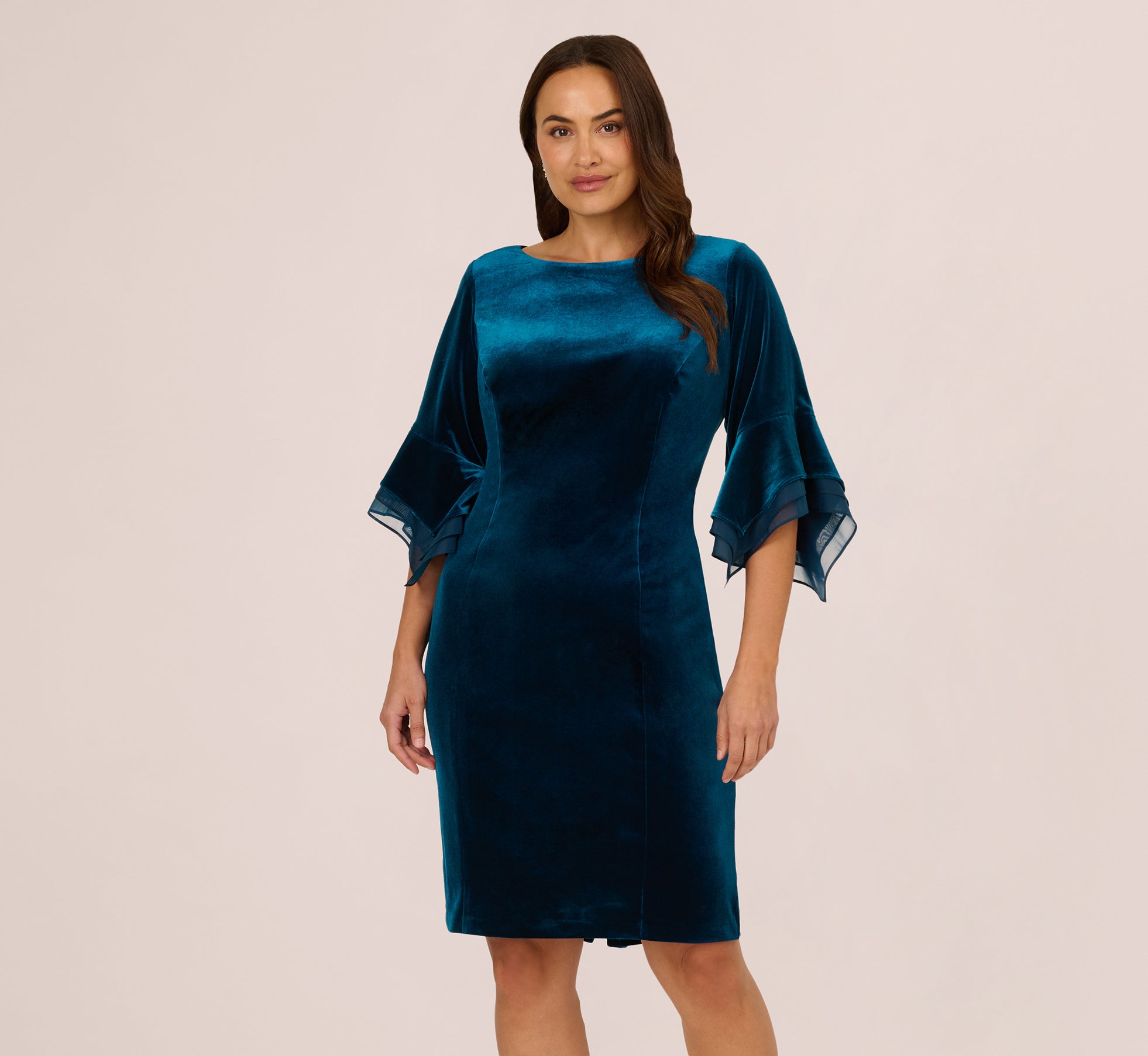 Plus Size Velvet Sheath Dress With Tiered Three Quarter Sleeves In Dark Teal