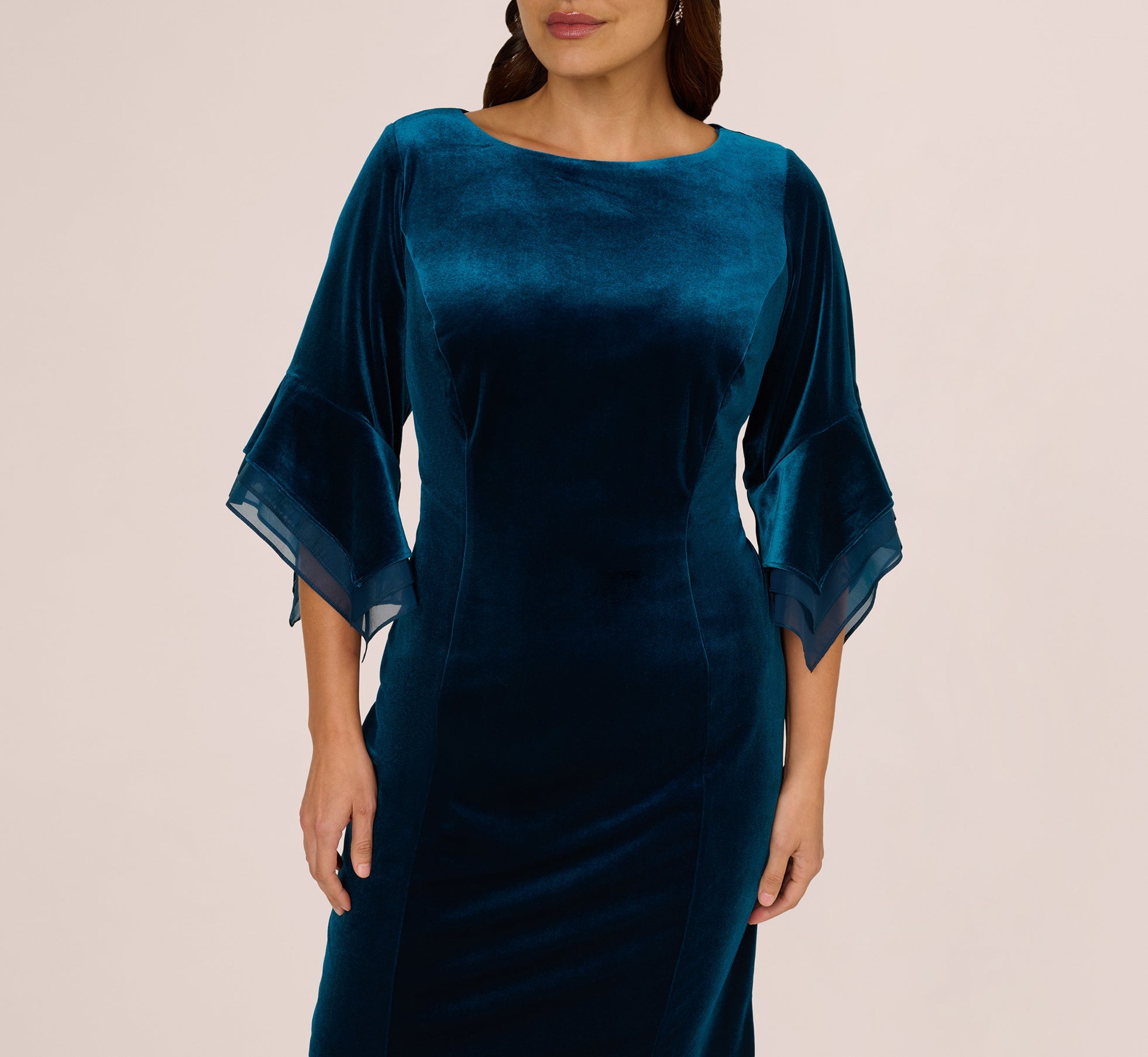 Plus Size Velvet Sheath Dress With Tiered Three Quarter Sleeves In Dark Teal