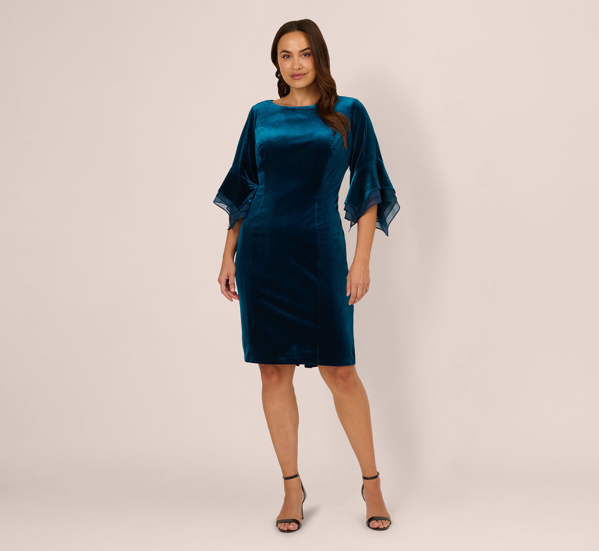 Plus Size Velvet Sheath Dress With Tiered Three Quarter Sleeves In Dark Teal