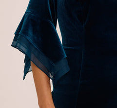 Plus Size Velvet Sheath Dress With Tiered Three Quarter Sleeves In Dark Teal