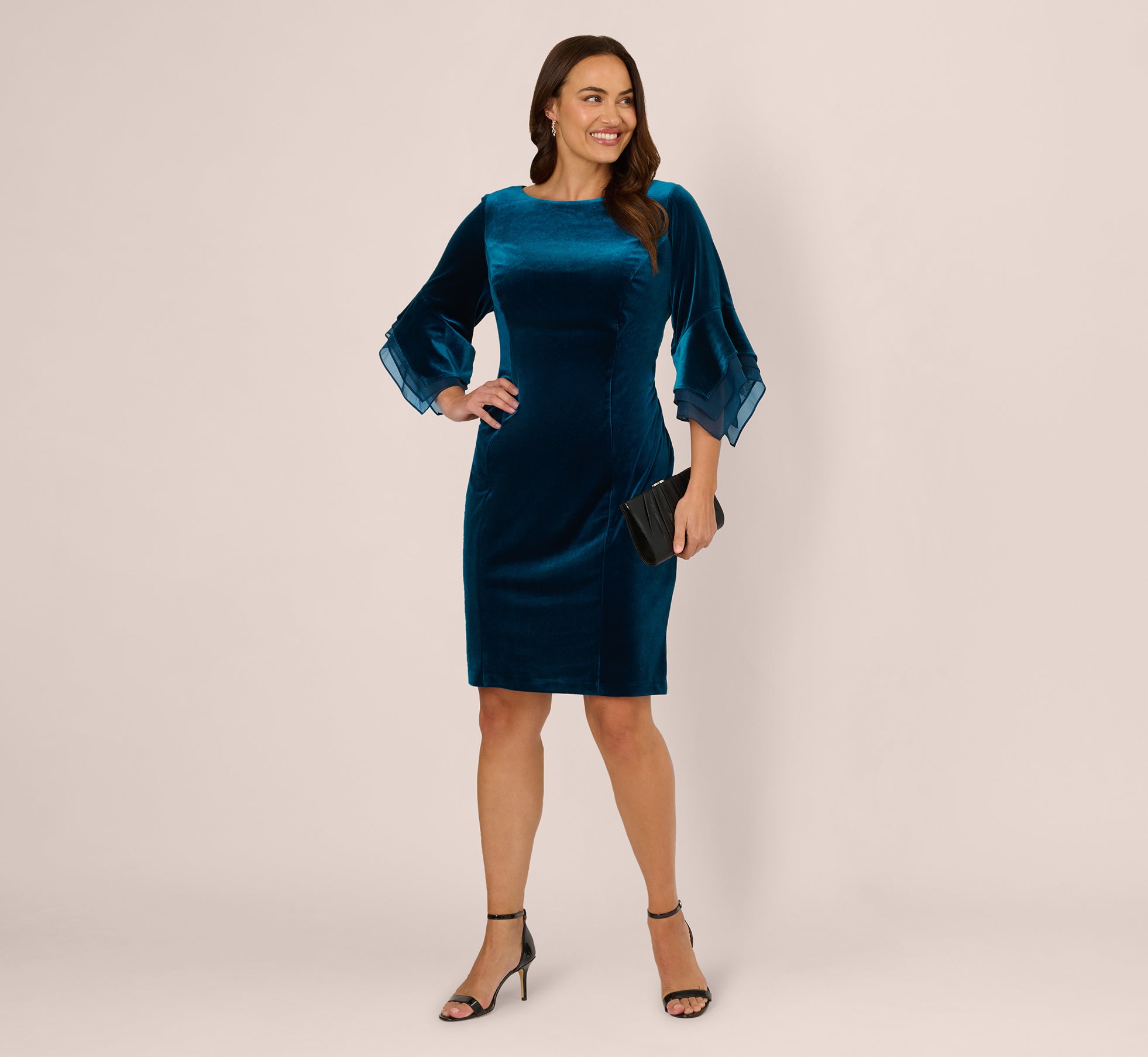 Plus Size Velvet Sheath Dress With Tiered Three Quarter Sleeves In Dark Teal