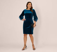 Plus Size Velvet Sheath Dress With Tiered Three Quarter Sleeves In Dark Teal